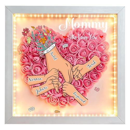 ROSLILY Personalized Mom Flower Shadow Box with Kids Names, Mommy Holding Hands Shadow Box, Custom Light Up Mother's Day P...