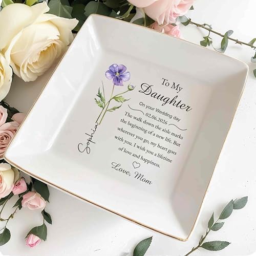 huglift To My Daughter on Your Wedding Day Personalized Ceramic Jewelry Tray, Daughter Floral Jewelry Dish from Mom, Custo...