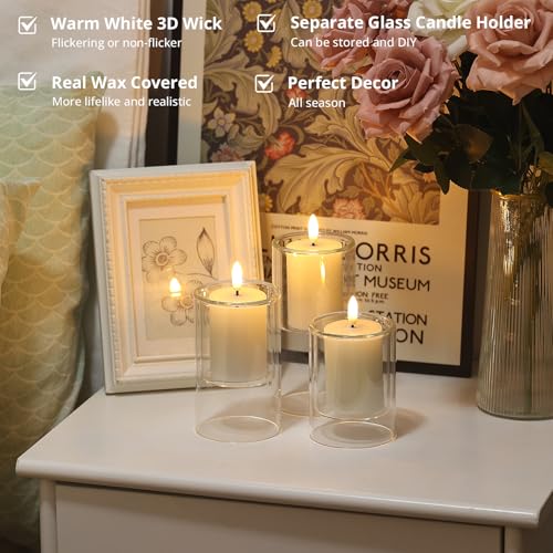 NURADA Flameless Candles with Remote Timer - Glass Real Wax 3D Wick LED Pillar Votive Candle Set Battery Operated Flickeri...