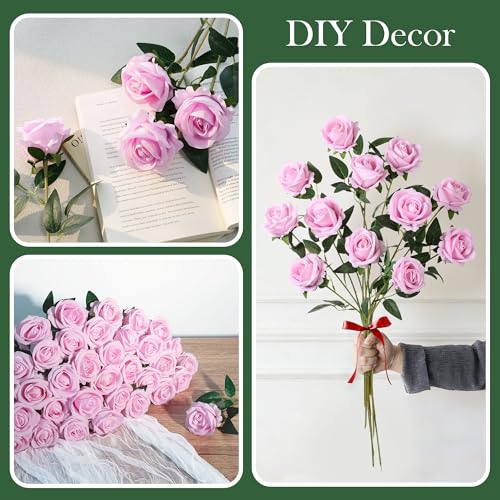 50 PCS Pink Roses Artificial Flowers, Real Looking Fake Roses with Long Stems Silk Flowers for DIY Wedding Bouquet Party C...