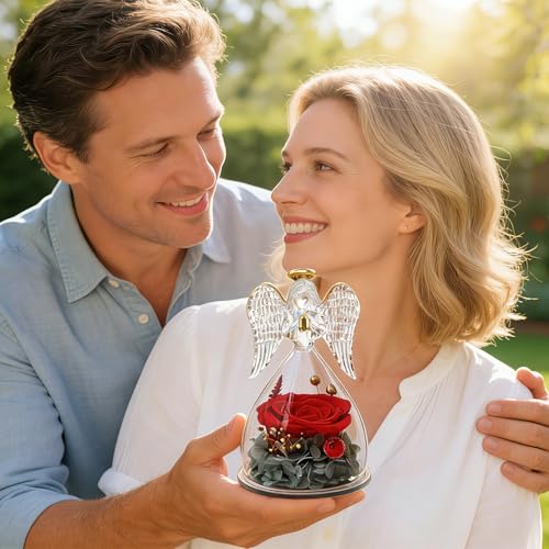 Yamonic Mom Birthday Gifts for Women, Preserved Roses Forever Flower in Glass Angel Figurines Gifts for Moms Grandma, Real...