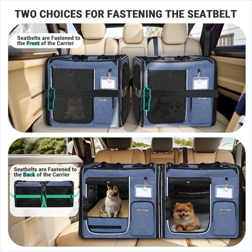 Petskd 2 in 1 Double Cat Car Travel Carrier with Litter Box, 38"x17"x18" Portable Dual Extra Large Cat Carrier for Multipl...