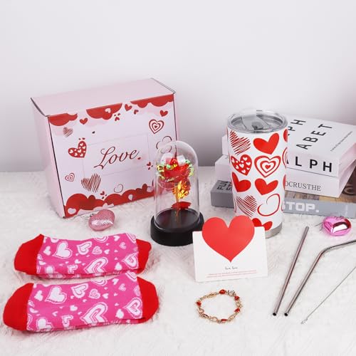 CAKKA Valentines Day Gifts for Her, 8 PCS Romantic Gift Set Includes 20 oz Tumbler with Lid Straw Brush Rose Flower Socks ...