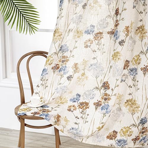 MYSKY HOME Floral Linen Curtains 84 inch Length 2 Panels Set Spring Flower Patterned Semi Sheer Light Filtering Privacy Fa...