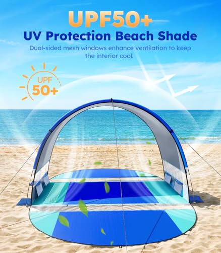Rhino Valley Beach Tent, Beach Tent Sun Shelter with UPF50+ UV Protection, Double Doors Beach Canopy Portable Storage Bag ...
