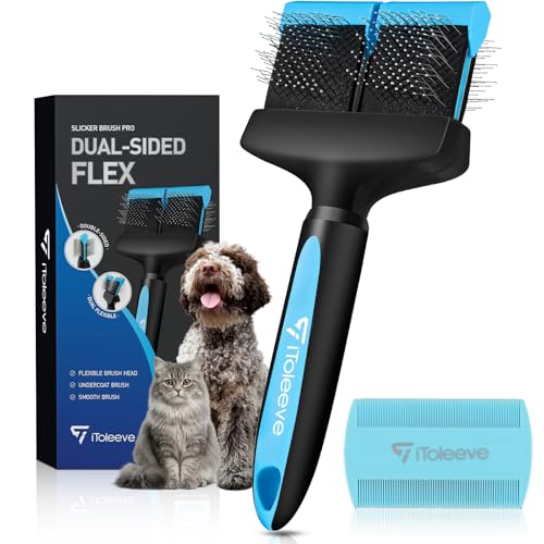 iToleeve Dual Flex Slicker Brush Dog Brush, Gentle Grooming Tool for Sensitive Dogs & Cats - Ideal for Long Hair, Removes ...