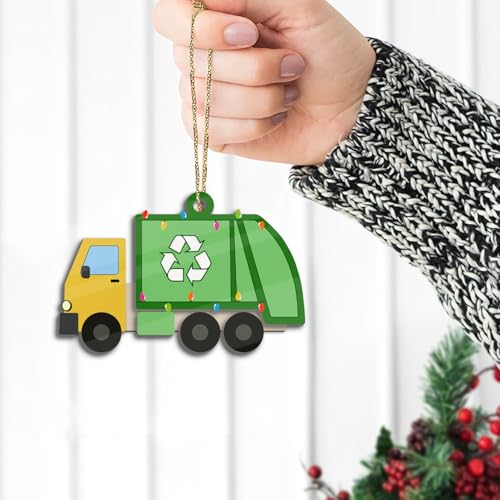 Wooden 3D Garbage Truck Ornaments for Christmas Tree, Recycling Trash Truck Xmas Ornament Decoration, Waste Collection & M...