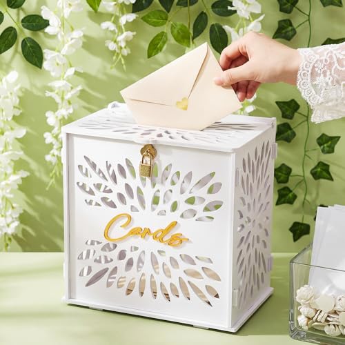 Chunful White Wedding Card Box with Lock, 10 Inch Hollow Floral PVC Gift Envelope Holder for Reception, Secure Money Colle...