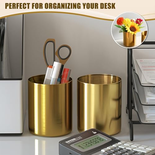 OPSJRNDUSK Gold Pen Holder for Desk, 3.9 Inch Stainless Steel Pencil Cup & Makeup Brush Organizer, Multi-Purpose Office an...