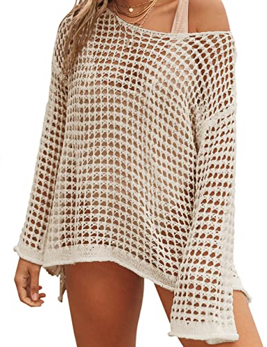 LOMON Womens Beach Cover Ups Long Sleeve Crochet Coverups for Swimwear Mesh Knit Swimsuit Cover Up XS-XXL
