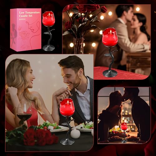 SUPXYC Low Temperature Candle Set, Romantic Valentine's Day Candles, Rose Flower Wine Glasses Candle, Valentine's Day Scen...