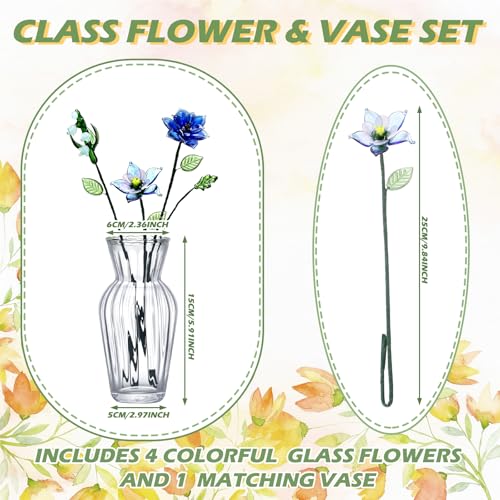 HunnmingRe 5 Pcs Glass Flowers with Vase, May Birth Month Flower Decor, Handmade Blown Glass Birthday Flower Bouquet, Birt...