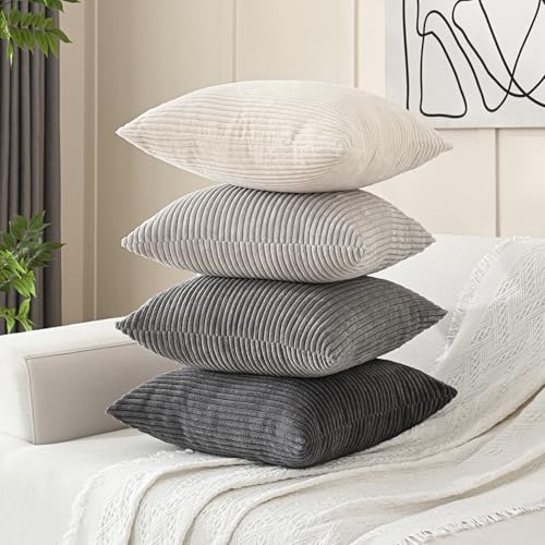 Volcanics Set of 4 Neutral Grey Corduroy Decorative Couch Throw Pillow Covers 18x18 Inch, Western Modern Farmhouse Striped...