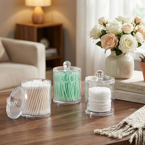 SheeChung Clear Acrylic Qtip Holder with Labels–Shatterproof Plastic Apothecary Jars for Bathroom Organization–Vanity Cott...