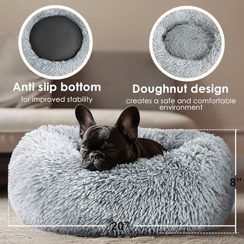 Hoewina Dog & Cat Bed for Indoor Cats, 20in Calming Donut Bed for Puppy and Kitten, Washable Round Fluffy Pet Bed for Smal...