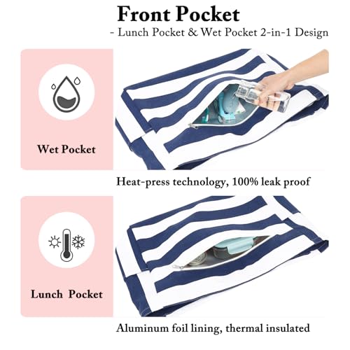 Fammart Beach Bags for Women, Large Canvas Tote Bag with Wet Pocket & Zipper, Waterproof Sandproof Pool Travel Bag