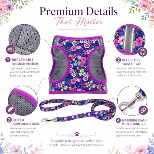 Moonpet Step in Dog Harness Leash Set- All Weather Reflective No-Pull Floral Pattern Padded Mesh Vest Harness for Cats Pup...