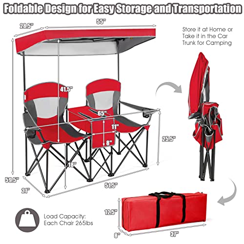 S AFSTAR Double Camping Chair w/Shade Canopy, 2-Person Folding Camp and Beach Chair with Mini Table Beverage Cup Holder Ca...