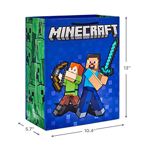 Hallmark Minecraft Gift Bag Bundle (2 Bags: 13" Large Blue Bag, 15" Extra Large Green) for Birthdays, Christmas, Valentin...