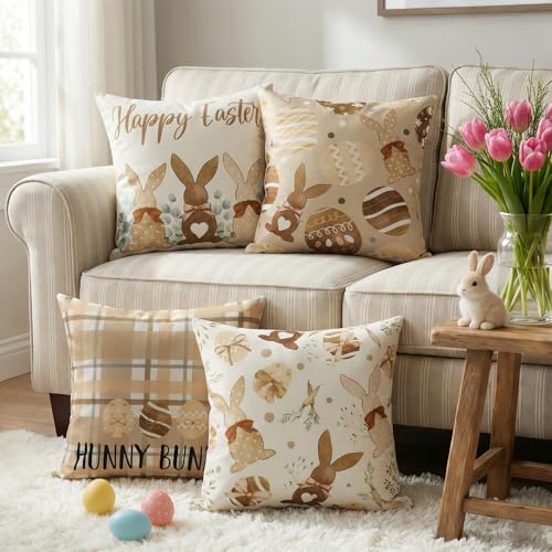 Ovveroche Farmhouse Throw Pillow Covers 18x18 Inch, 4 Pack Linen Textured Rabbit Pillow Covers, Rustic Linen Cushion Case ...