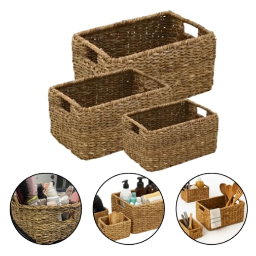 3 Pack Natural Seagrass Woven Storage Baskets Woven Rectangular Organizer Set With Handles Decorative Wicker Bins For Shel...