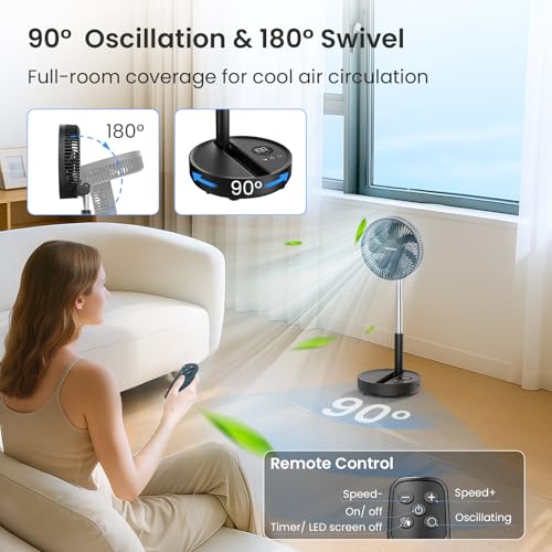 TriPole Portable Standing Fan, 8000mAh Rechargeable Oscillating Fan with Remote, 8.1'' Quiet Pedestal Floor Fan with LED D...