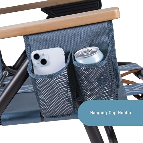 CleverMade Kove Twilight Blue Beach Camping Chair, Hands Free Carrying Strap + Real Wood Handles & 2 Cup Holders, Foldable...