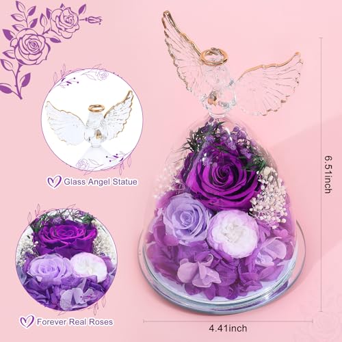 FIACO Gifts for Mom Women Birthday Preserved Rose in Glass Angel Figurine Forever Fresh Flower for Delivery, Mothers Day F...