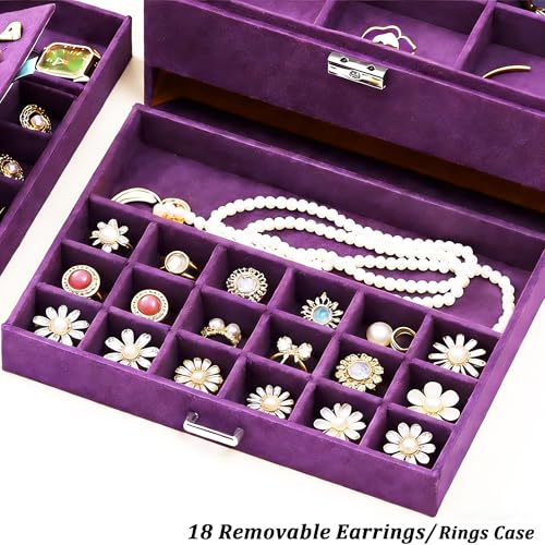 QBestry 3-Layer Jewelry Box for Women with Lock and Key & Drawer, Large Jewelry Organizer with 8 Necklace Hooks & 56 Earri...