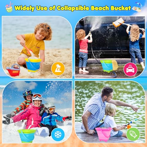 Xgunion Collapsible Beach Sand Bucket 3 Packs Foldable Buckets Set with Shovels & Mesh Bag Collapsible Beach Toys for Kids...