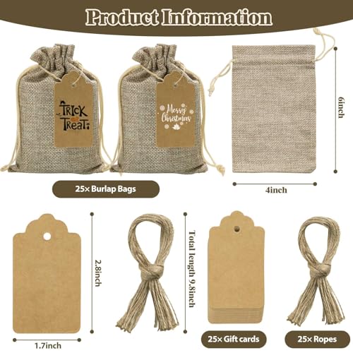 flowsac 25PCS Burlap Gift Bags With Drawstring, 4x6 Small Party Favor Gift Bags, Burlap Linen Sacks Bags for Christmas, Pa...