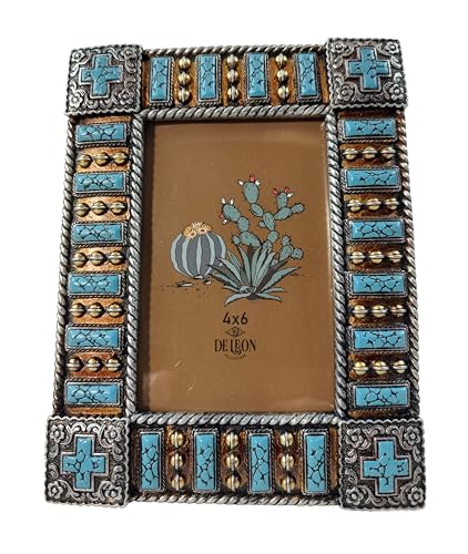 De Leon Collections 14251 Cross Vintage Ornate Turquoise and Brushed Silver Tone 8.5 Inch Polyresin and Glass Western Sout...