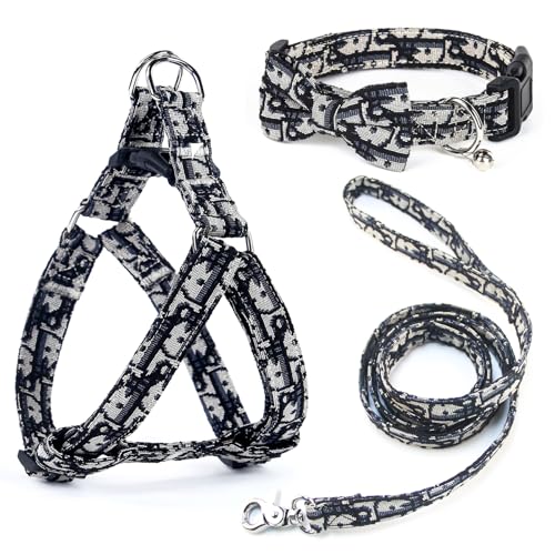 Dog Collar and Harness with Leash Set, Breathable Puppy Harnesses for Small Dogs, No Pull Easy Walking Pet Harness, Black, S