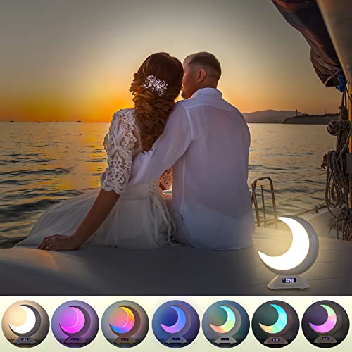 BRNEWO Moon Table Lamp with Time Alarm Clock, RGB Adjustable Light with Bluetooth, with Scene Mode and Music Mode, Warm Wh...
