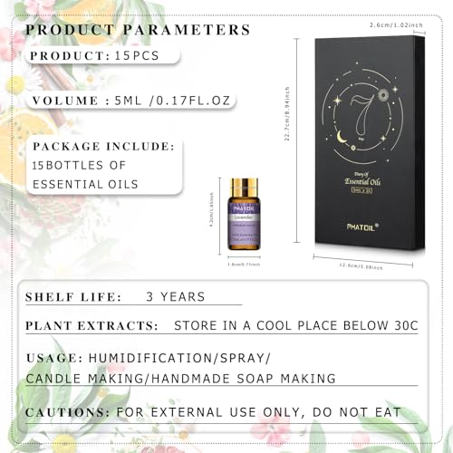 PHATOIL 15PCS Essential Oils Gift Set - Premium Quality 100% Natural Pure Essential Oils for Aromatherapy Diffuser Yoga Ho...