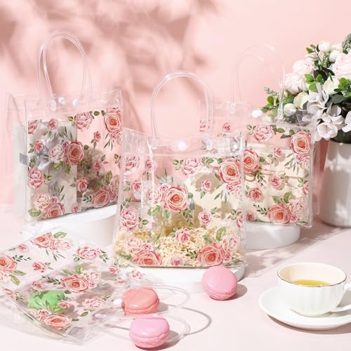 Aliceset 20 Pcs Mother's Day Clear Floral Gift Bags with Handles Flower Rose Party Goodie PVC Treat Bags for Tea Party Bab...