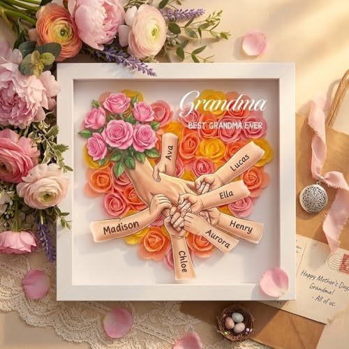 CUSTNEY Personalized Flower Shadow Box Mom Holding Hands- Custom Name &Text Memorial Frame for Mothers' Day, in Loving Mem...