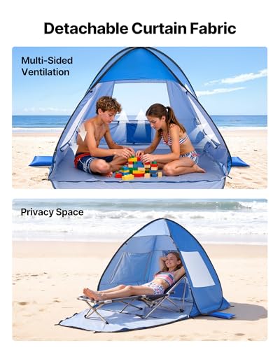 VEVOR Beach Tent Sun Shelter for 2 Person, UPF 50+ Protection, Portable Sun Shade Beach with Carrying Bag & Sand Pockets, ...