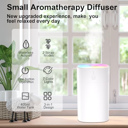 400ml Small Diffuser - Small Oil Diffuser for Desk, Portable Mini Humidifier Aromatherapy Diffusers with 2 Spray Modes, Wa...