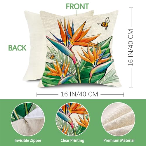 Fjfz Hello Summer Vibes Flamingo Decorative Throw Pillow Covers 16 x 16 Set of 4, Tropical Hibiscus Flower Floral Porch Ou...