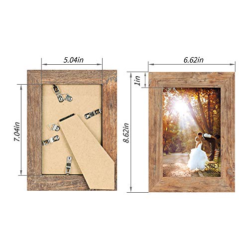iRahmen 5x7 Picture Frame Set of 4, High Definition Real Glass Rustic Brown Frame, 5 x 7 Wood Photo Frames for Tabletop Di...