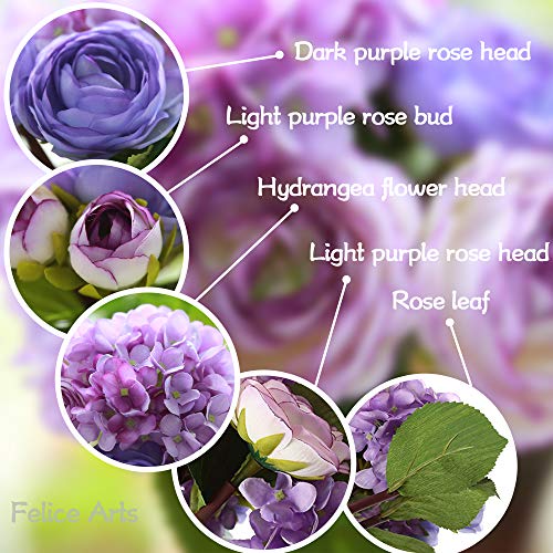 Felice Arts 12" Purple Hydrangea Silk Flowers Bouquet, Peonies Artificial Flowers for Wedding Bridal Bouquets Home Table C...