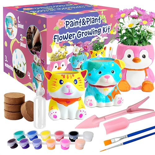 yasest Paint & Plant Flower Growing Kit for Kids - 4 Set DIY Animal Pattern Ceramic Painting Kit, Kids Gardening Set, Arts...