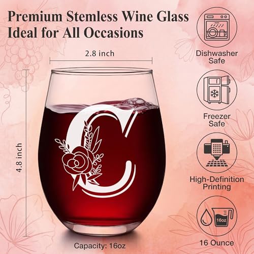 Jmugmt Letter C Personalized Initial Wine Glass, Personalized Birthday Letter C Wine Glasses for Women, Birthday Mothers D...