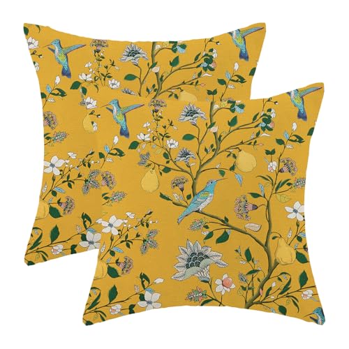 Vintage Mustard Yellow Floral Pillow Covers 20x20 Inch Set of 2 Boho Blue Hummingbird Wildflower Throw Pillows Spring Summ...