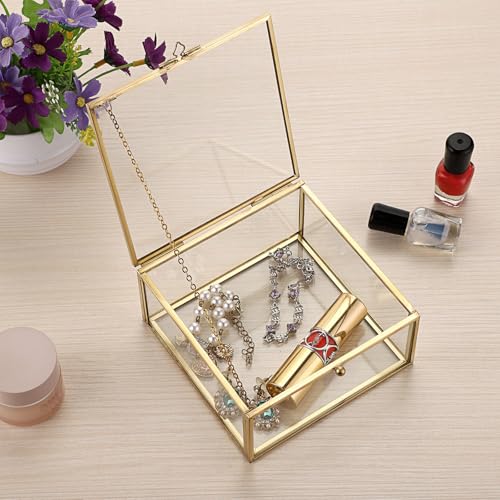 Hipiwe Vintage Glass Jewelry Organizer Box - Golden Metal Keepsake Box Desktop Jewelry Organizer Holder, Wedding Birthday ...