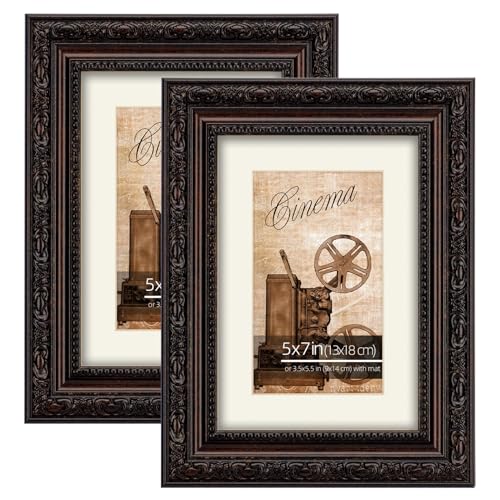 WYNCO 5x7 2-Pack Antique Dark Brown Scrollwork Ornate Classic Picture Frame, Matted for 3.5x5.5 inches Photos, Real Glass ...