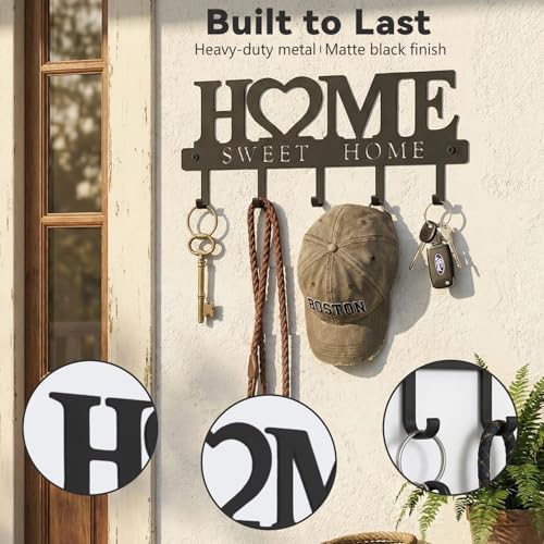 WIPHANY Entryway Wall Key Holder with 5 Hooks, Metal Key Rack Wall Mount for Keys, Bags and Leashes, Decorative Organizer ...