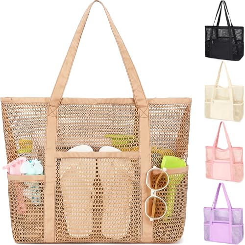 Fammart Mesh Beach Bag for Women, Casual Hobo Bags Large Beach Tote for Pool Travel Cruise Vacation Essentials