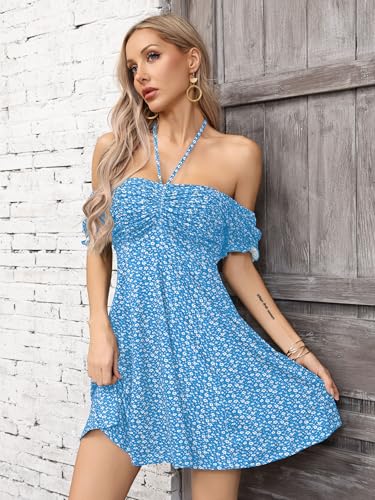 Missufe Women's Puff Short Sleeve Fit and Flare Casual Drawstring Floral Mini Sun Dresses 2025 Summer Vacation